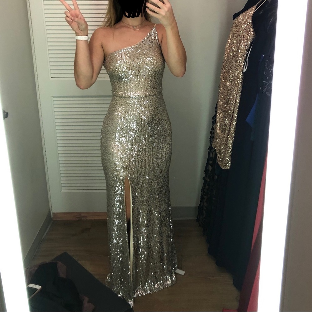 Xscape one shoulder sequin gown